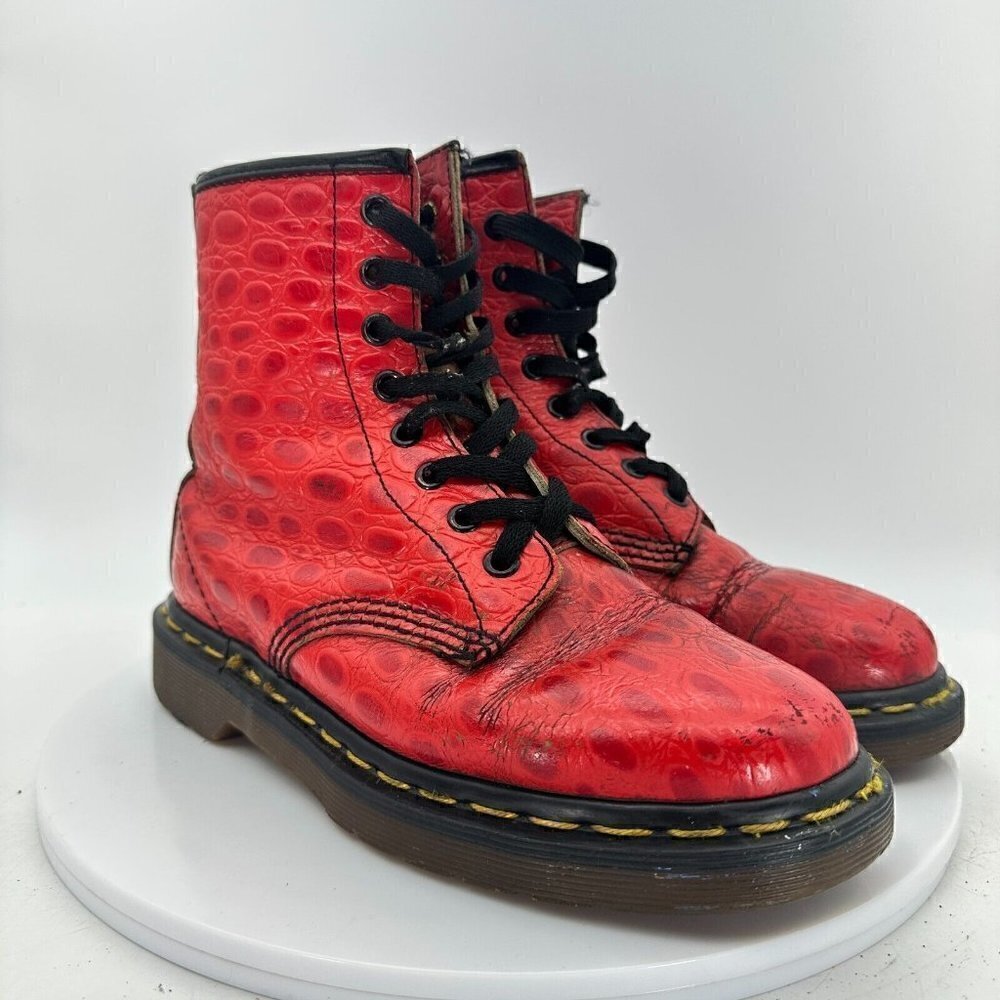 Dr Martens Women Size 5 Croco Red Snake Patent Leather 8 Eye Combat Boot - Picture 4 of 13
